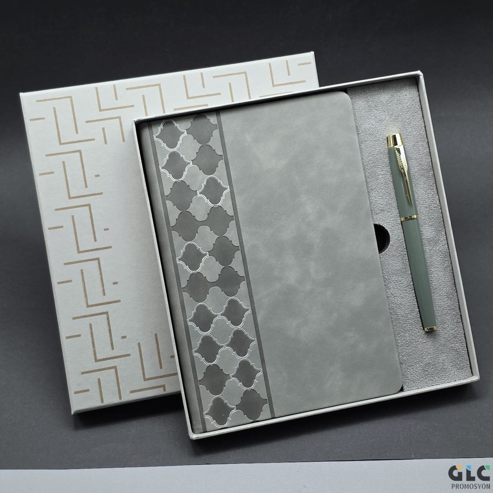 Kutulu Gri Defter Ve Metal Kalem Seti